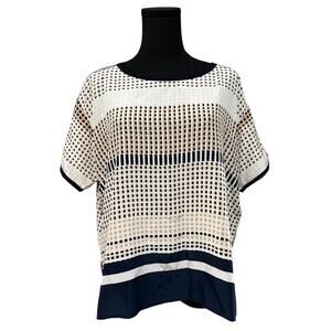 Vince. Silk Top Short Sleeve Blouse Pattern Print Cream Navy Blue Size Medium